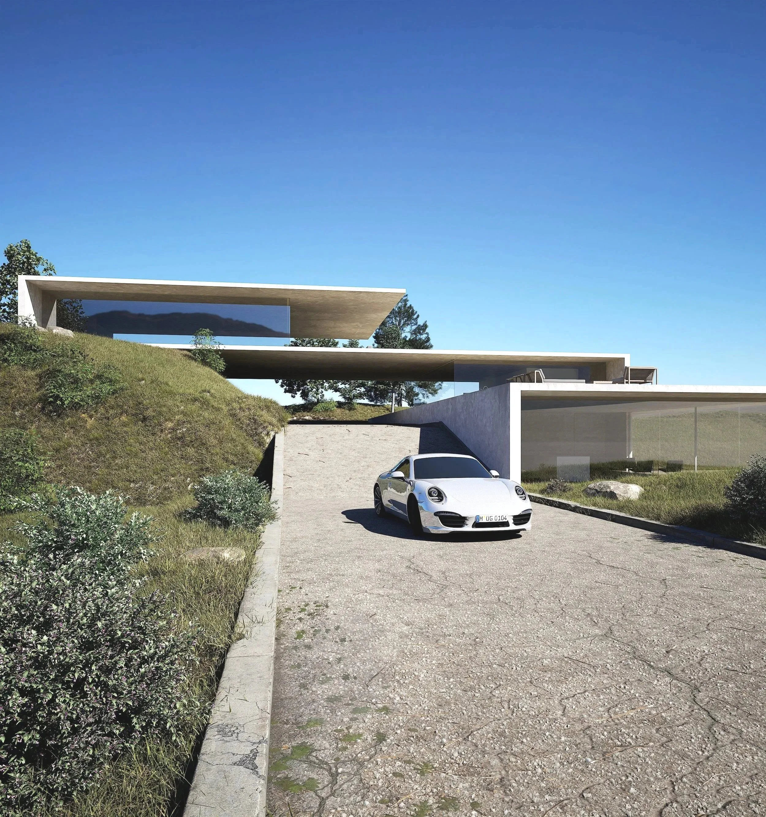 Modern house with large glass windows and overhanging roofs, situated on a hillside, with a silver sports car parked on a gravel driveway.