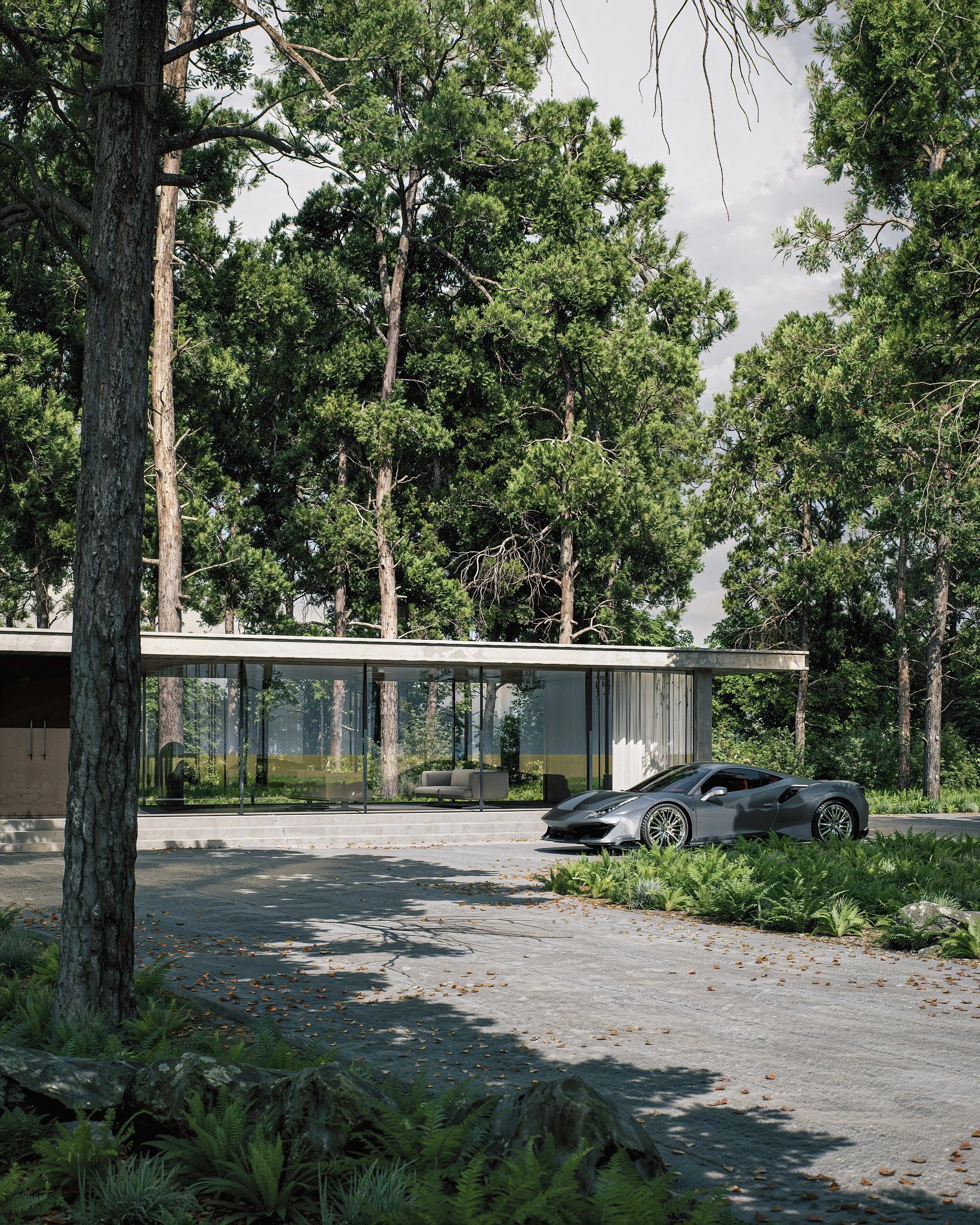 A high‑end architectural visualisation featuring a modern glass house set within a dense forest, paired with a luxury sports car on a clean, minimalist driveway. Natural lighting, realistic materials, and atmospheric depth create a premium, cinematic