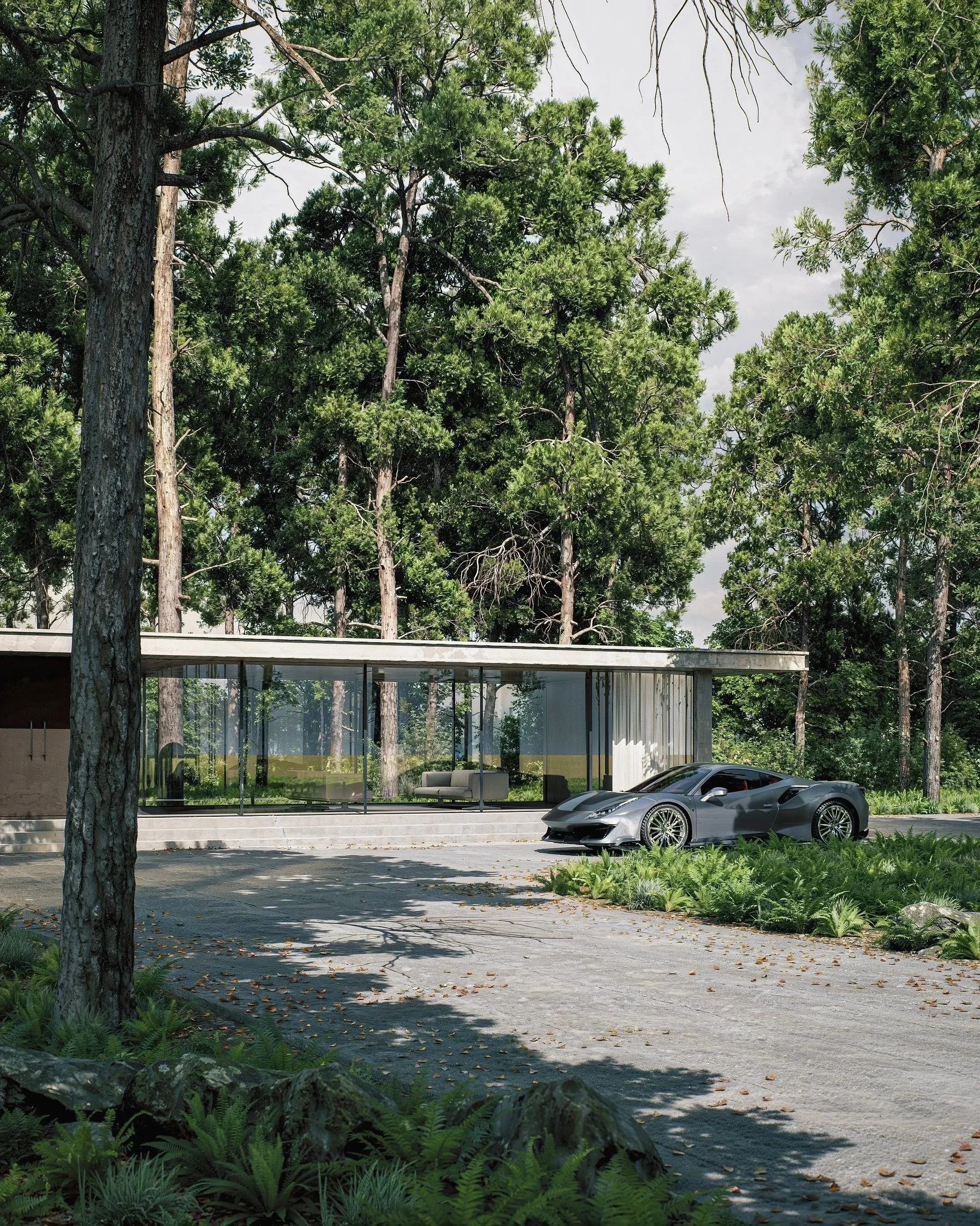 A high‑end architectural visualisation featuring a modern glass house set within a dense forest, paired with a luxury sports car on a clean, minimalist driveway. Natural lighting, realistic materials, and atmospheric depth create a premium, cinematic