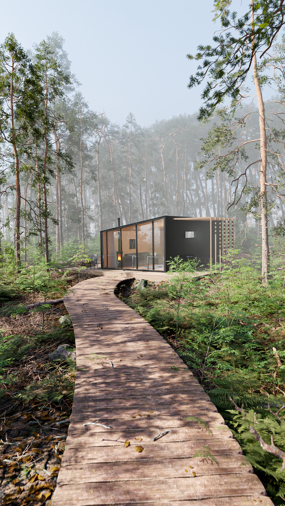 A modern house with large glass windows, situated in a forest with a wooden walkway leading to it, surrounded by trees and greenery.