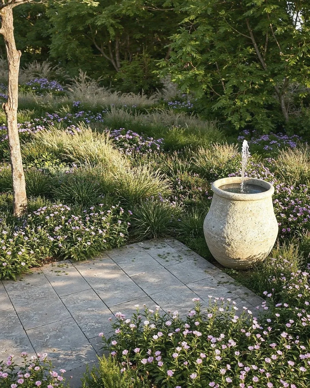 3D landscape visual of a modern garden with a stone urn fountain, dense planting, and naturalistic outdoor design.