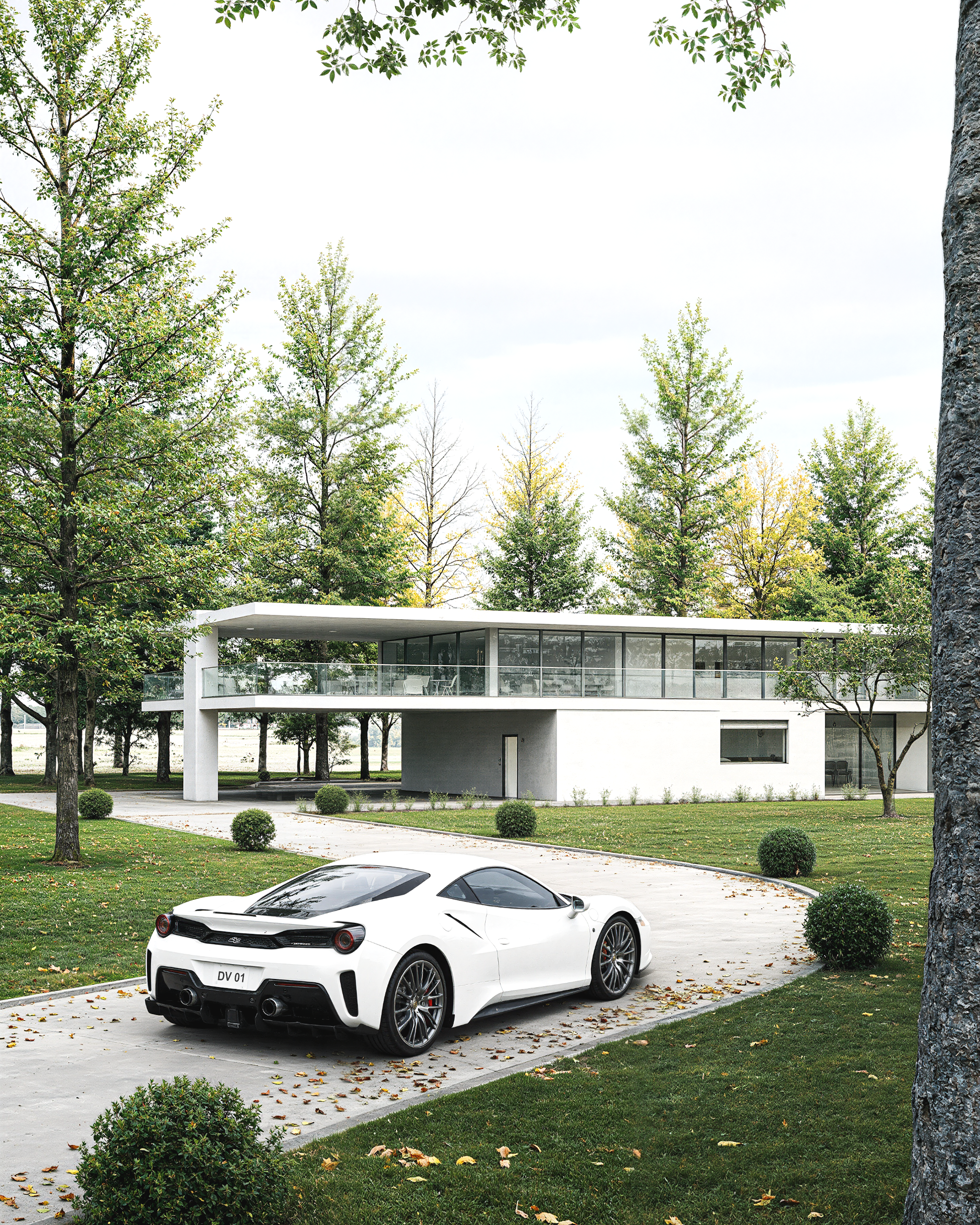A modern cabin with large glass windows in a snowy forest landscape, with a picnic table in the foreground and snow-covered trees in the background.