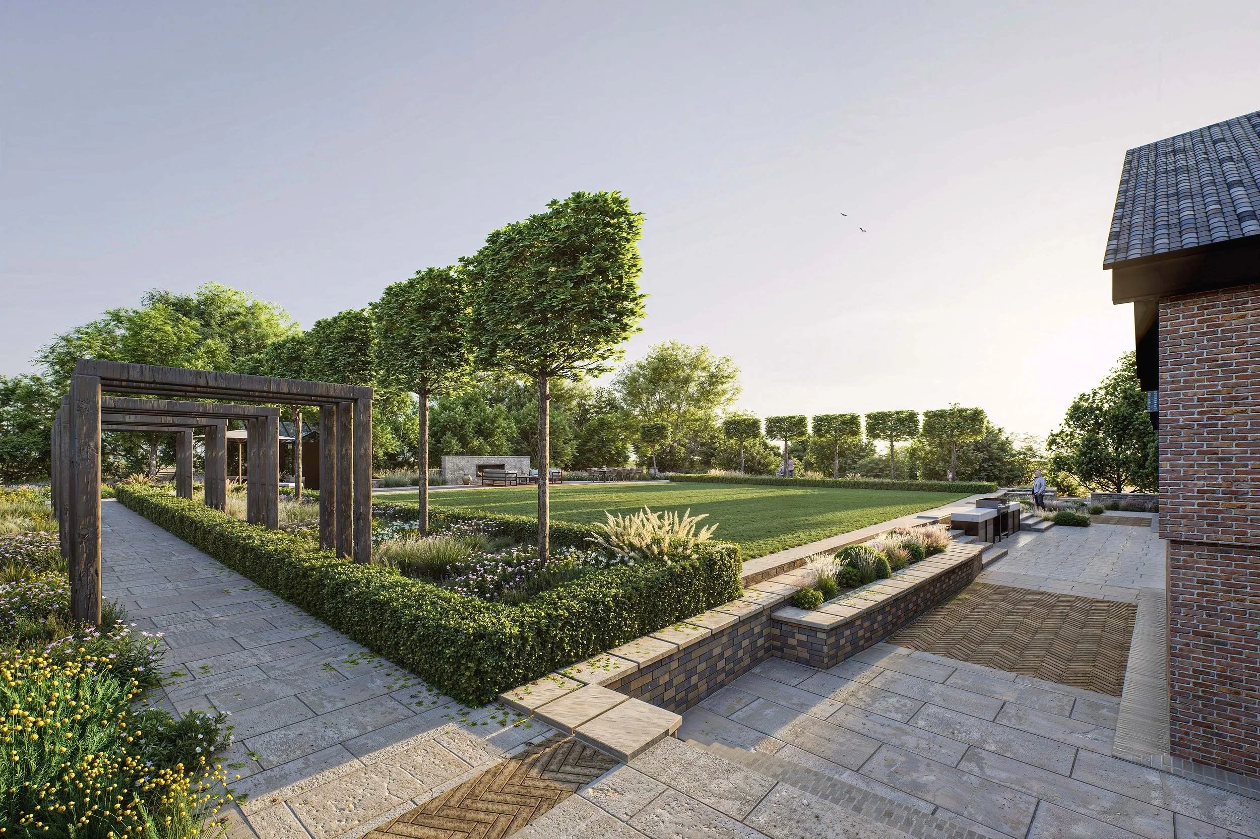 3D landscape rendering of a modern garden with pergolas, geometric hedges, curated planting, and premium outdoor architecture.