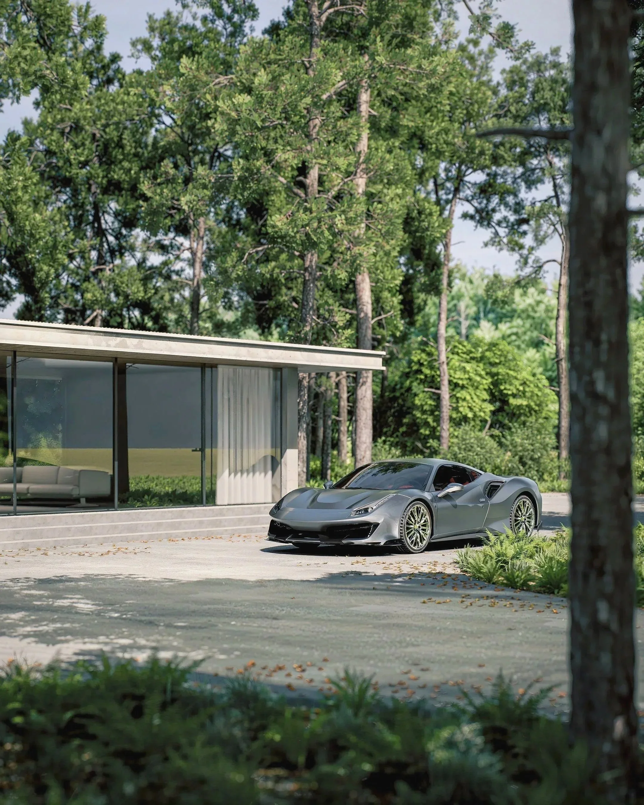 A high‑end architectural visualisation featuring a modern glass house set within a dense forest, paired with a luxury sports car on a clean, minimalist driveway. Natural lighting, realistic materials, and atmospheric depth create a premium, cinematic