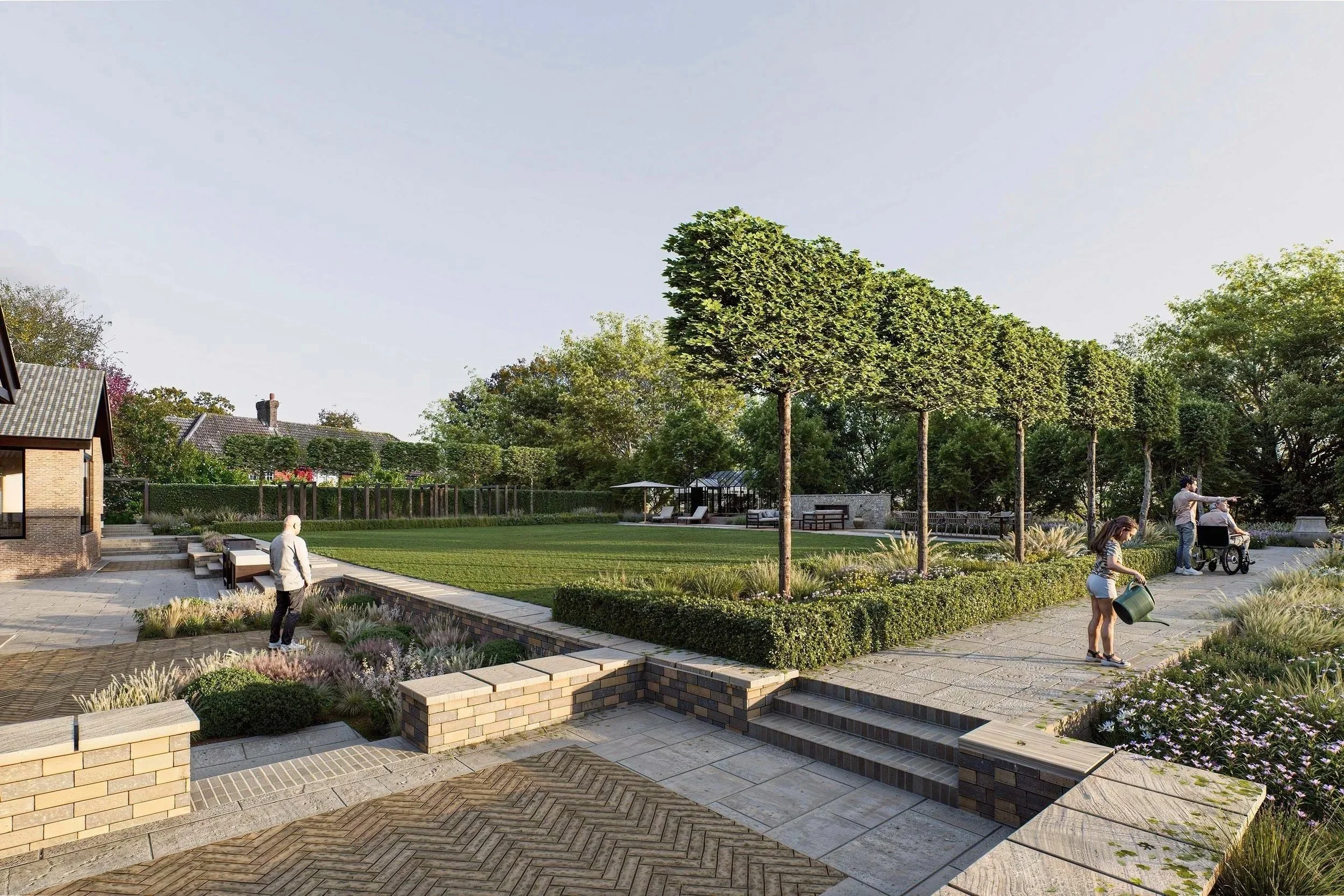 Modern landscaped garden visual featuring geometric hedges, pergola walkway, curated planting, and premium outdoor architecture.
