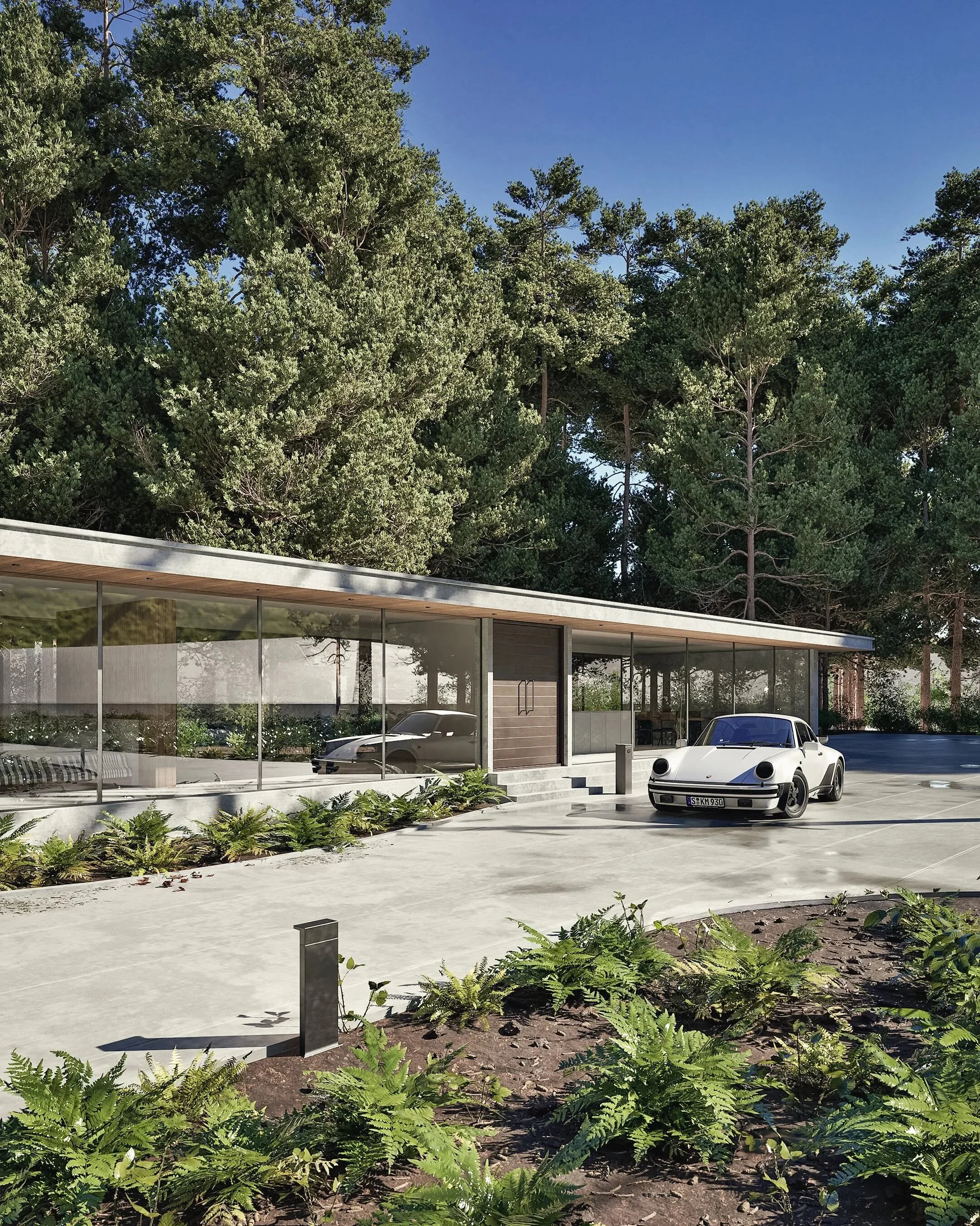 A photorealistic architectural visualisation of a modern forest home featuring full‑height glass walls, minimalist concrete detailing, and luxury residential design. This CGI exterior render showcases contemporary architecture, woodland living, and h