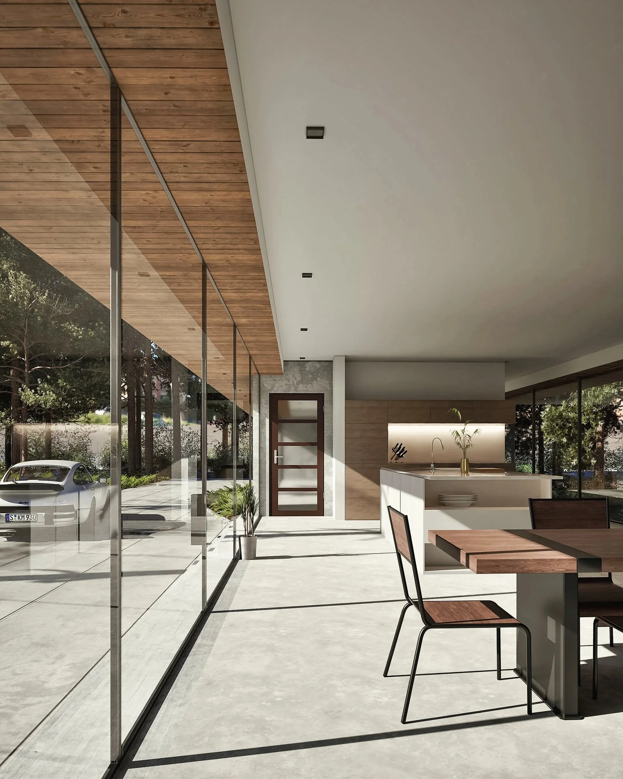 Modern open‑plan interior with floor‑to‑ceiling glazing, natural light, warm timber finishes and minimalist kitchen design, captured in premium photorealistic architectural CGI.
