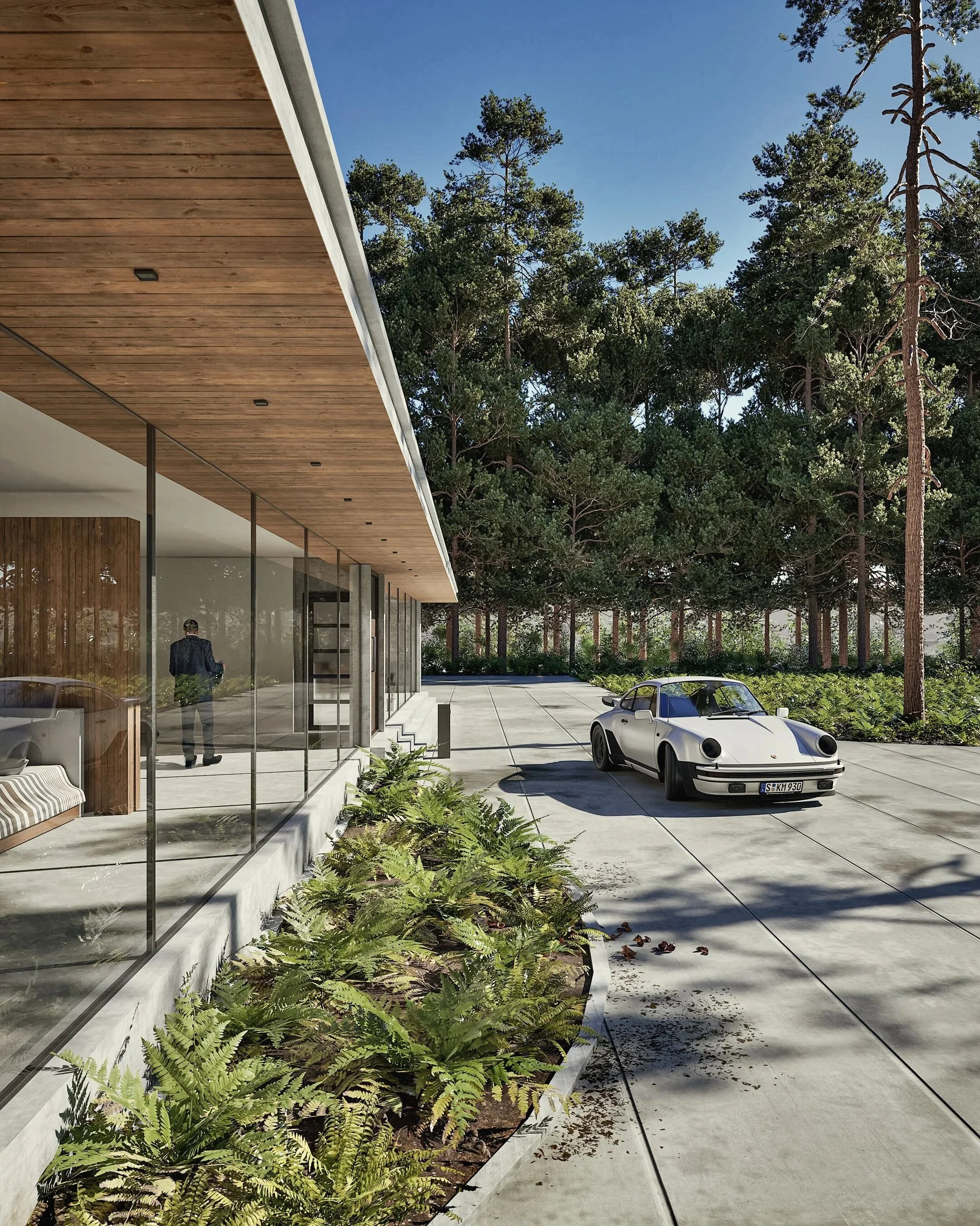 Modern forest‑side architectural visualisation featuring a contemporary glass‑fronted home, warm timber detailing, and a classic white Porsche parked on a minimalist concrete driveway. High‑end exterior CGI showcasing natural landscaping, pine woodla