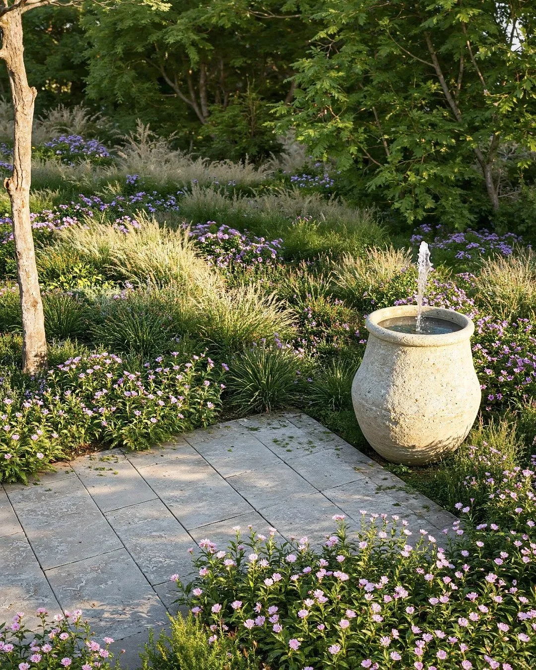 3D landscape visual of a modern garden with a stone urn fountain, dense planting, and naturalistic outdoor design.