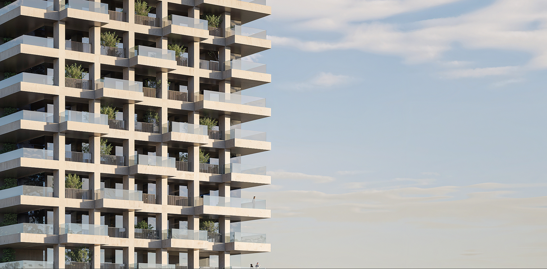 Modern residential architecture featuring geometric concrete framing, glass balconies, and integrated greenery. A clean, contemporary façade ideal for urban living design inspiration.