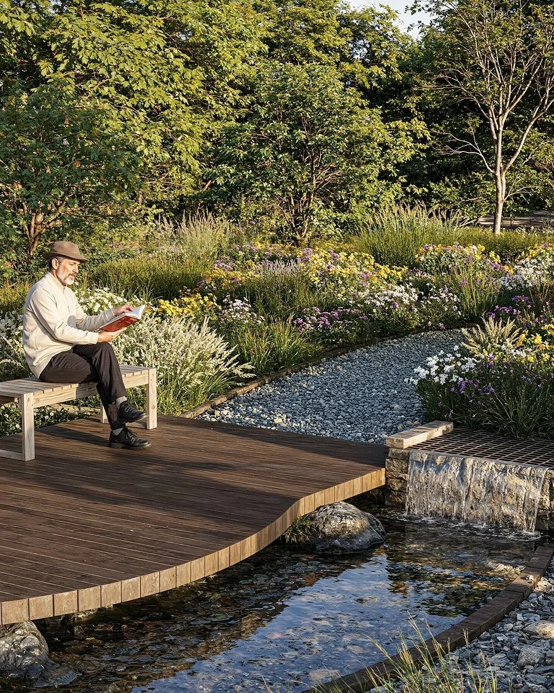 Garden design visualisation featuring a timber deck over a stream, a stone waterfall, and layered perennial planting in white, yellow, pink, and purple tones. Naturalistic landscaping, gravel paths, and mature trees create a tranquil woodland‑style o