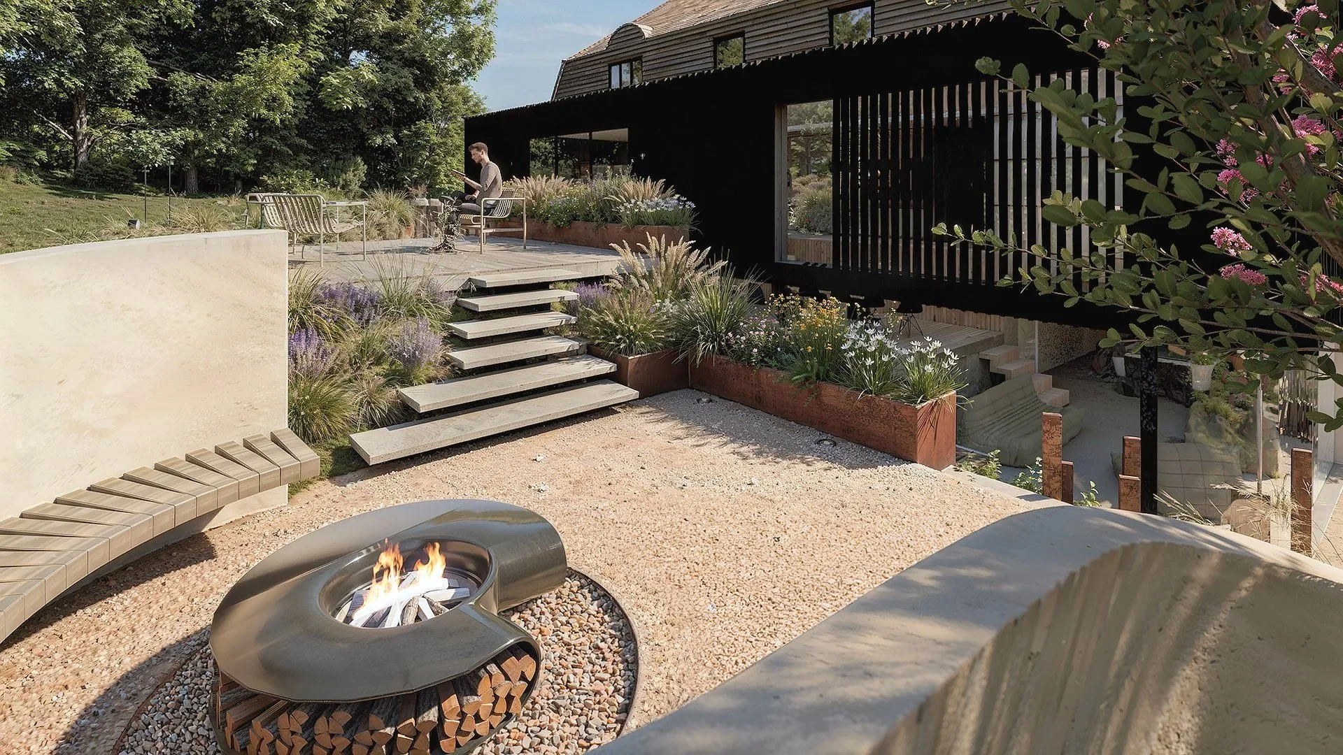 A contemporary garden design featuring a circular fire pit, curved concrete seating, stacked firewood detailing, and a raised timber deck framed by ornamental grasses and flowering plants, blending modern architecture with natural textures to create 