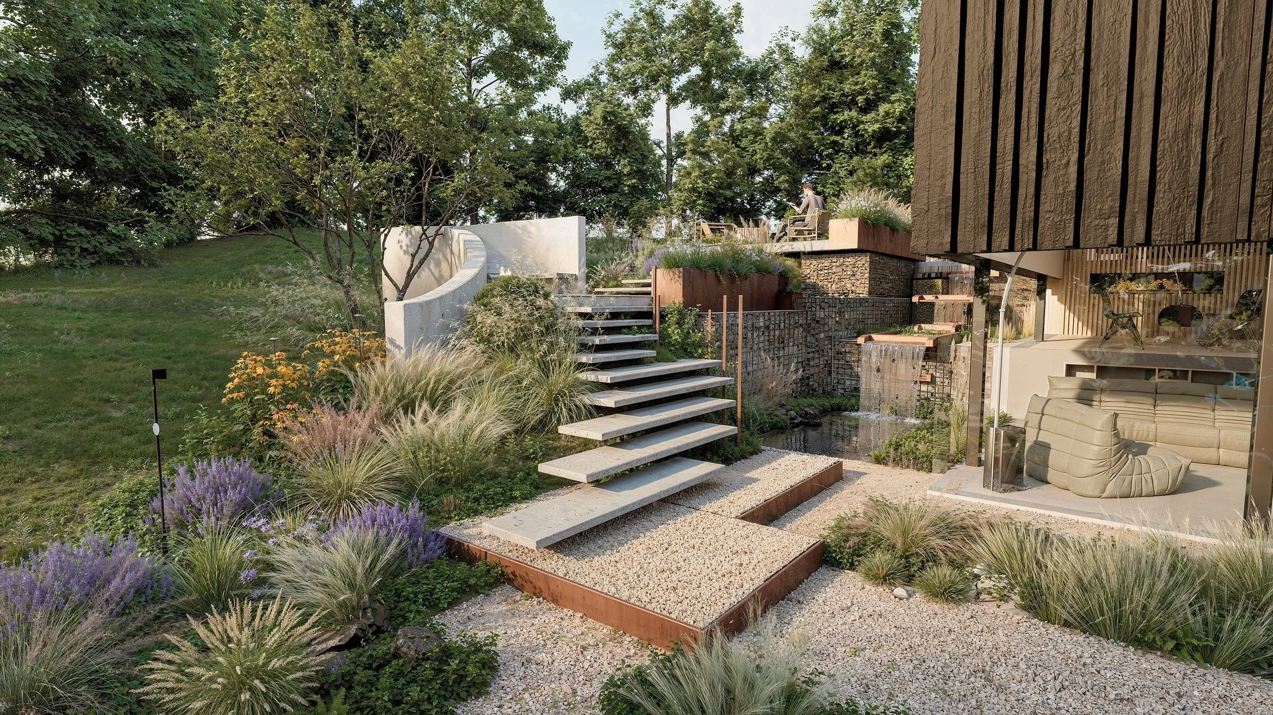 A modern landscaped garden featuring floating concrete steps, layered planting with lavender and ornamental grasses, rust‑toned edging, and a terraced seating area with gabion walls and a cascading water feature, blending contemporary architecture wi