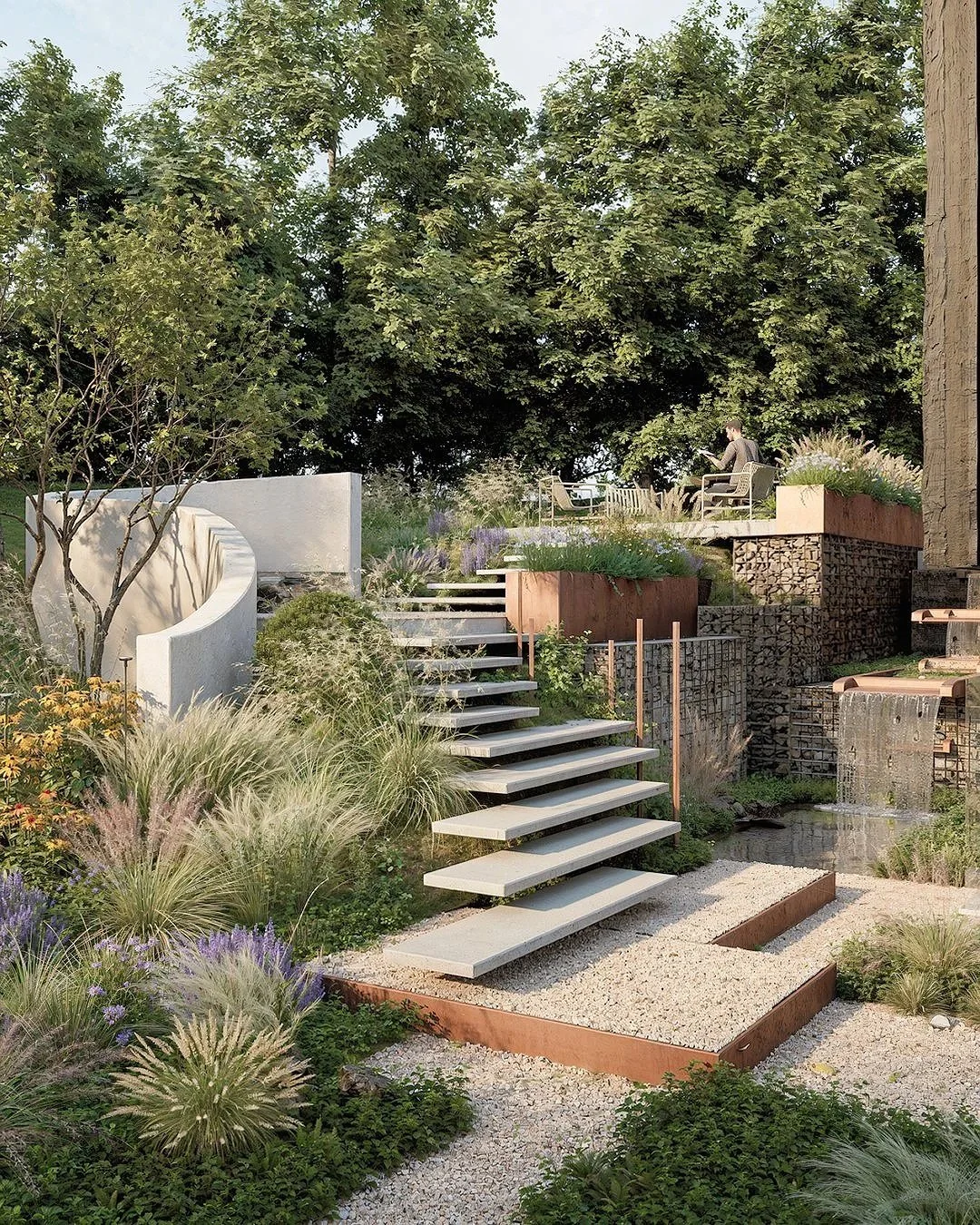 A modern garden vignette featuring floating concrete steps, rust‑toned planters, lush ornamental grasses, and a cascading water feature framed by gabion stone walls, leading toward a relaxed outdoor seating area surrounded by mature greenery — a prem