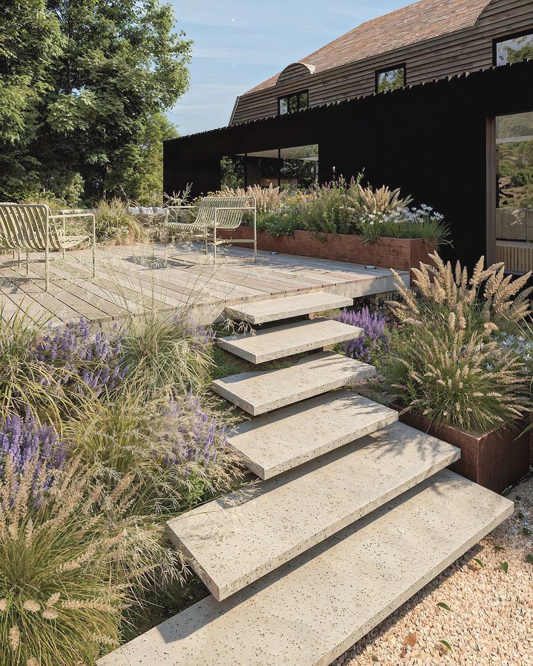 Modern garden design featuring floating concrete steps, a timber deck, and layered planting with lavender and ornamental grasses, captured in a contemporary outdoor living visualisation that blends clean architectural lines, natural textures, and min