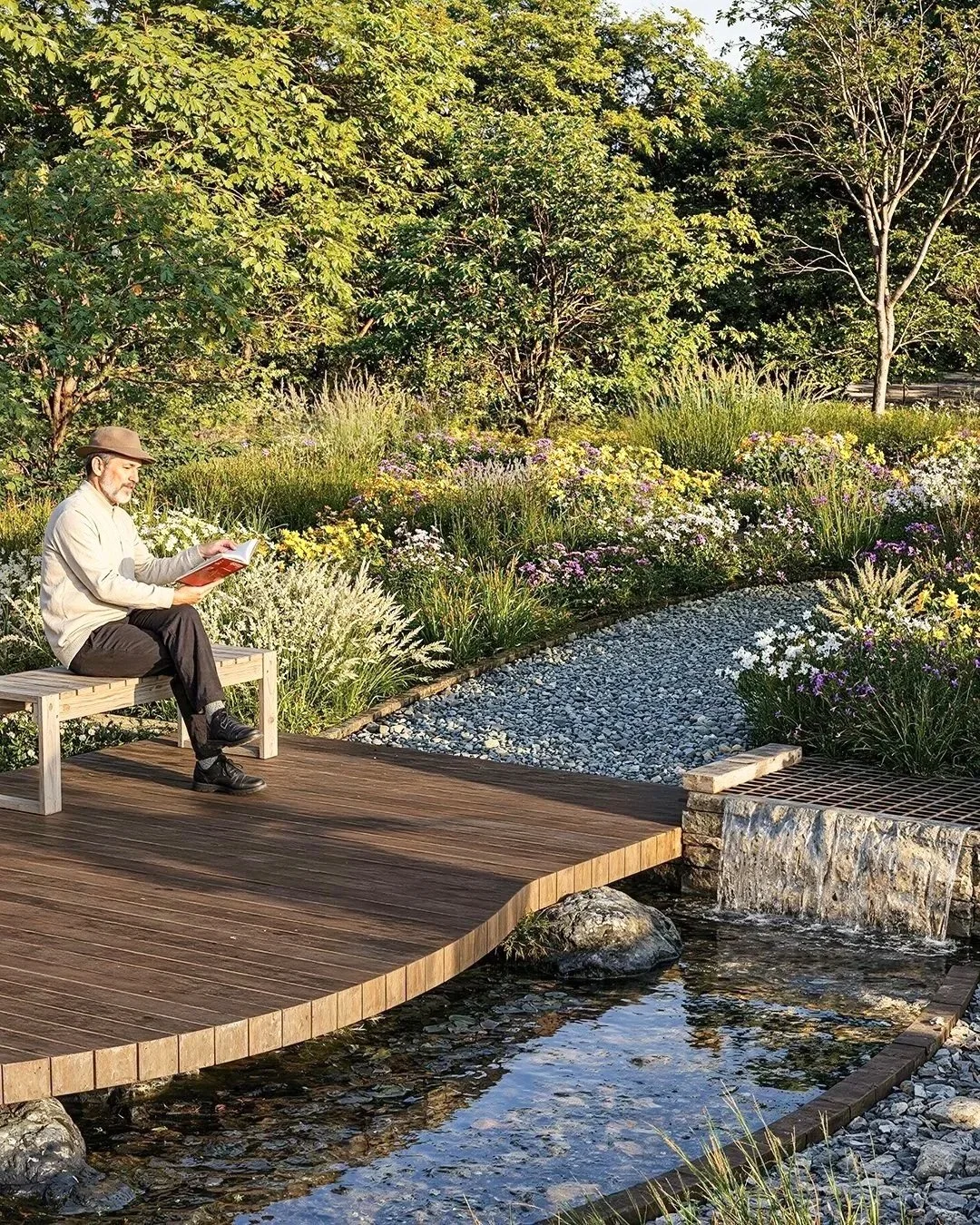 Garden design visualisation featuring a timber deck over a stream, a stone waterfall, and layered perennial planting in white, yellow, pink, and purple tones. Naturalistic landscaping, gravel paths, and mature trees create a tranquil woodland‑style o