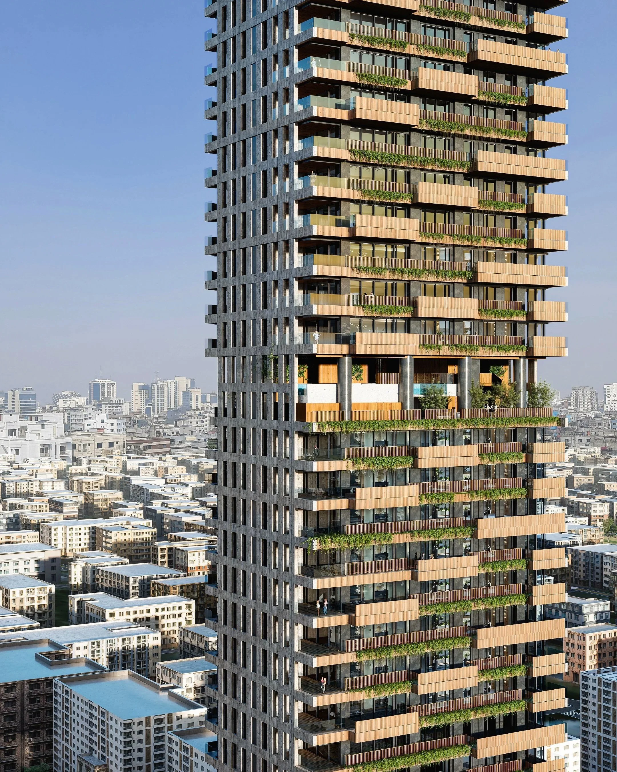 Modern high rise, sustainable architecture, biophilic design, timber cladding, glass facade, vertical greenery, architectural rendering, exterior CGI, urban skyline, contemporary tower, premium visualisation, realistic lighting, cityscape render, eco