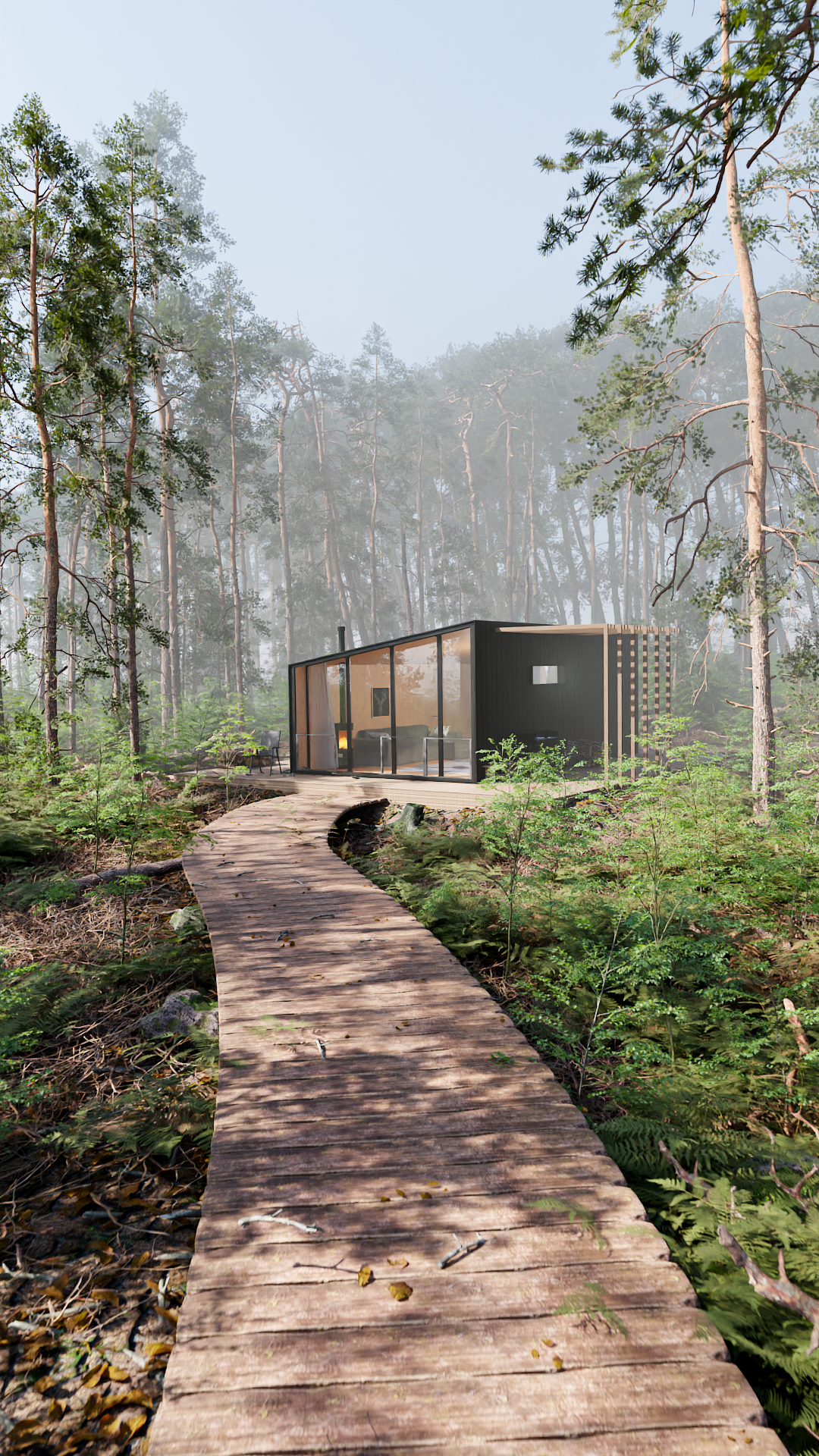 A modern house with large glass windows, situated in a forest with a wooden walkway leading to it, surrounded by trees and greenery.