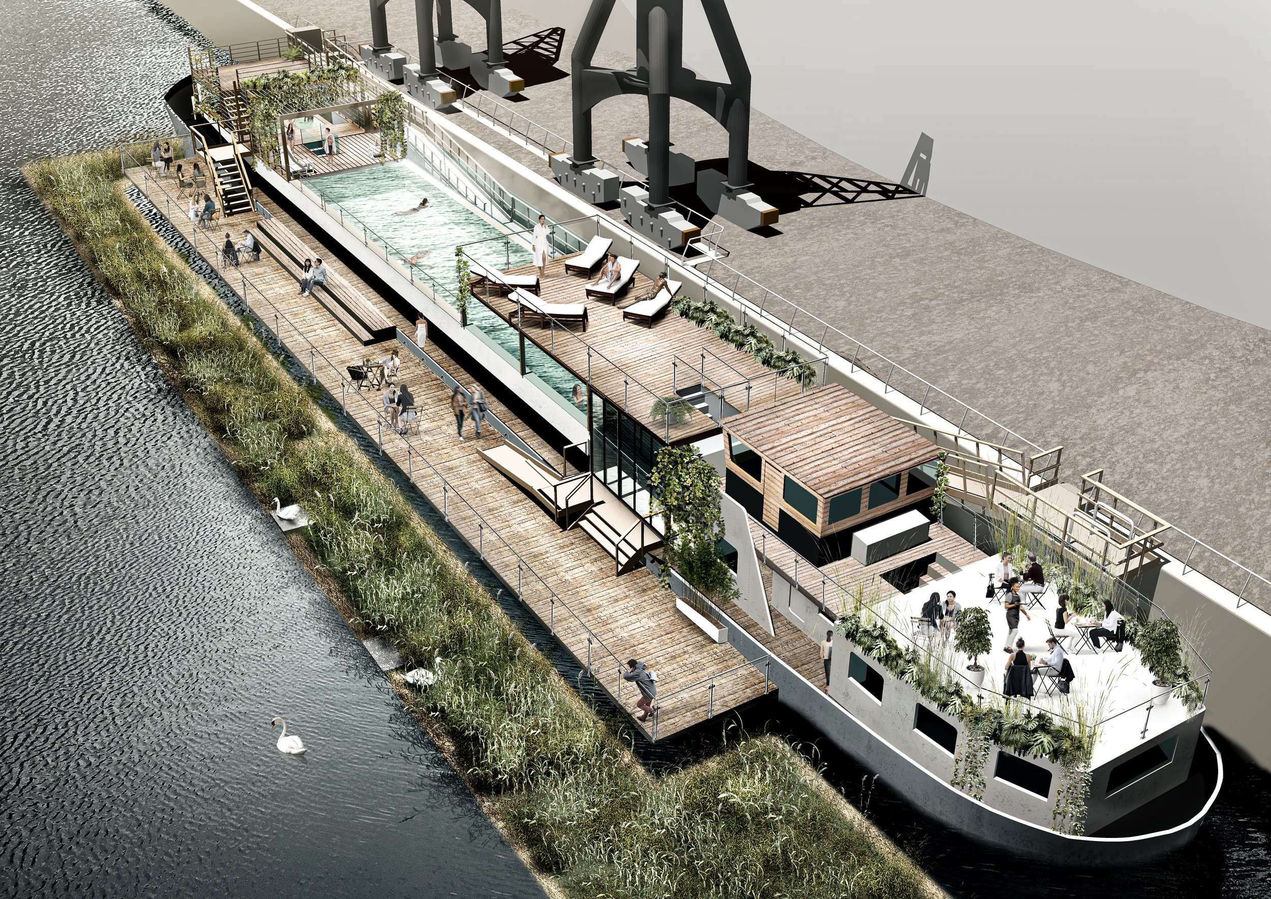 A rendering of a modern floating restaurant on the water with outdoor seating, a swimming pool, and landscaped decks, featuring people relaxing and socialising.