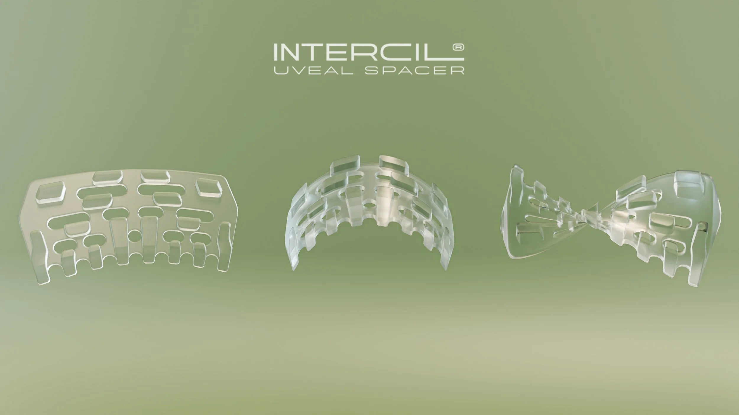 Three clear plastic medical glaucoma spacers displayed against a green background with the text 'INTERCIL UVEAL SPACER' at the top center.