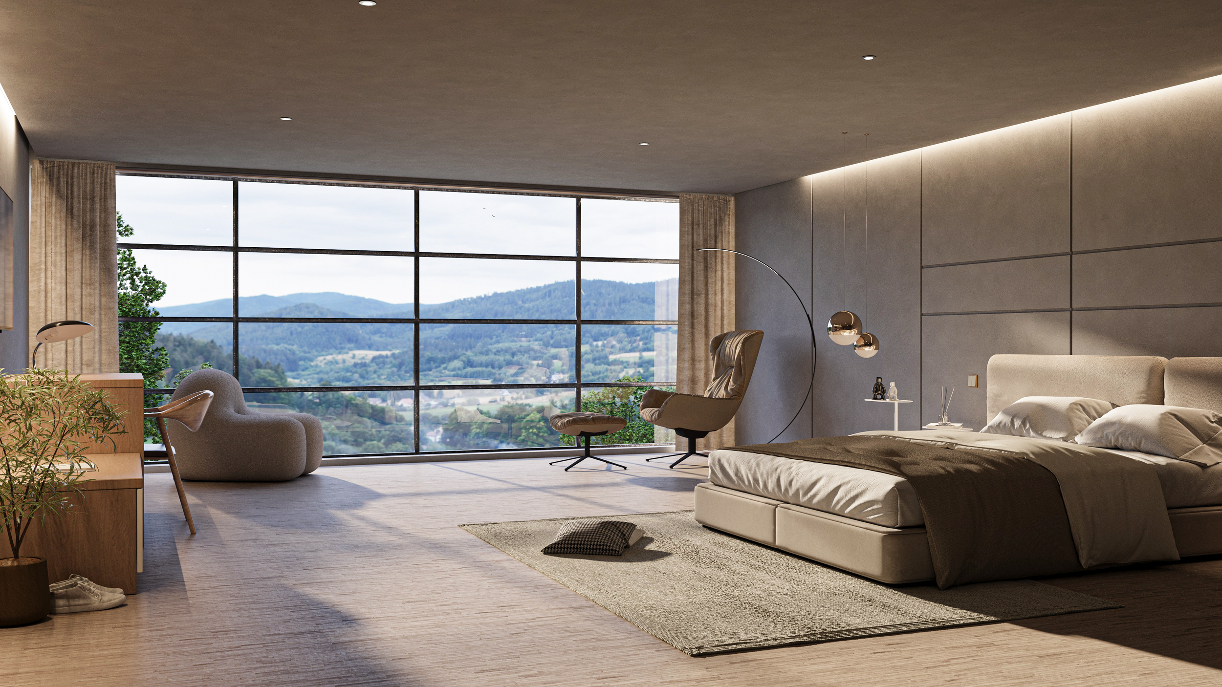 Modern bedroom with large window overlooking mountains, with bed, chairs, lamp, and potted plants.