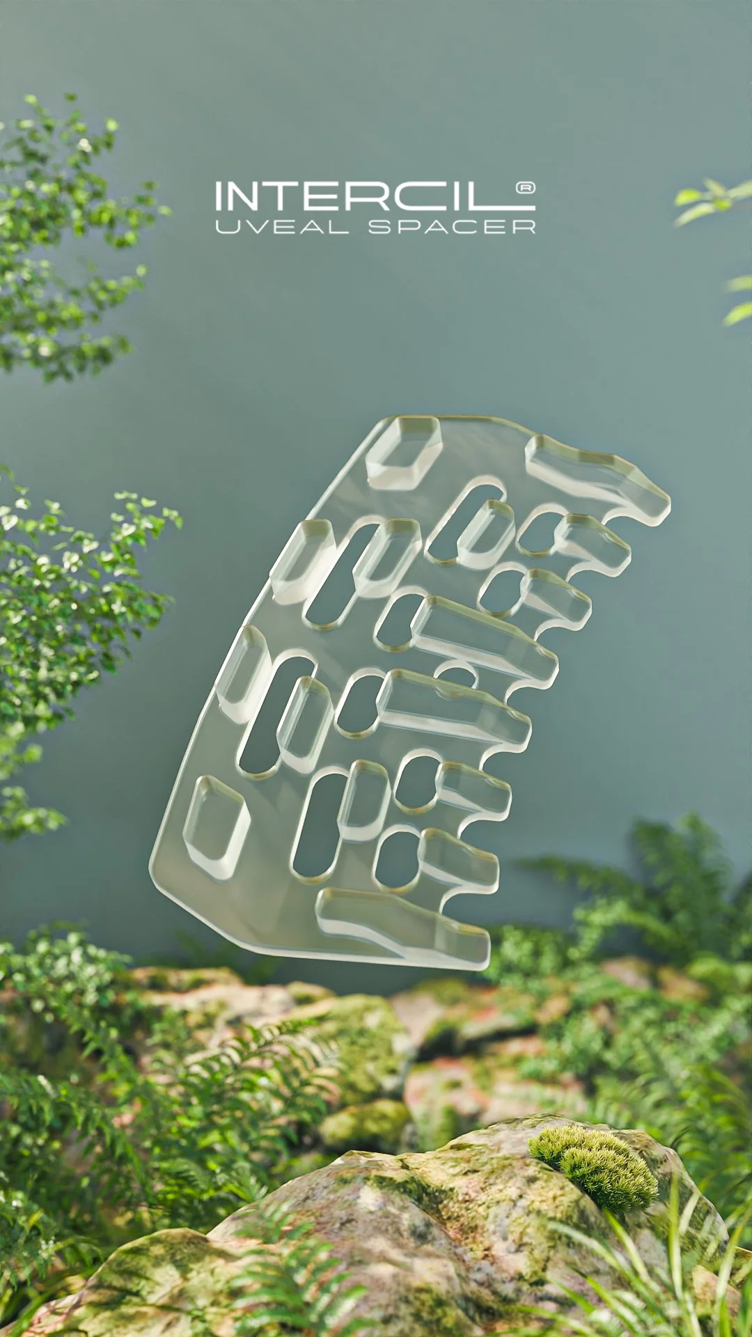 A clear acrylic medical glaucoma spacer floating above mossy rocks and green plants in a natural setting.