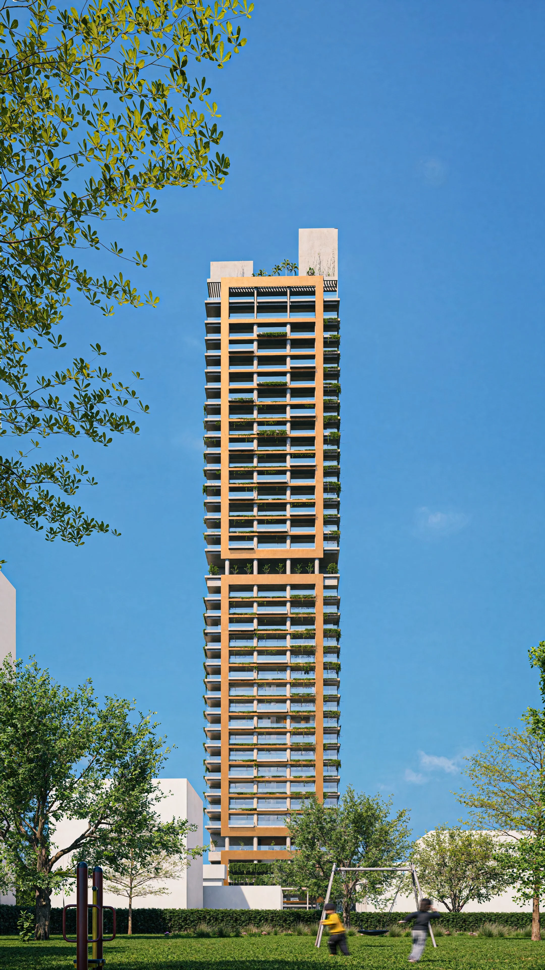 A tall modern apartment building with a unique design, surrounded by green trees and a grassy park with children playing on swings, under a clear blue sky.