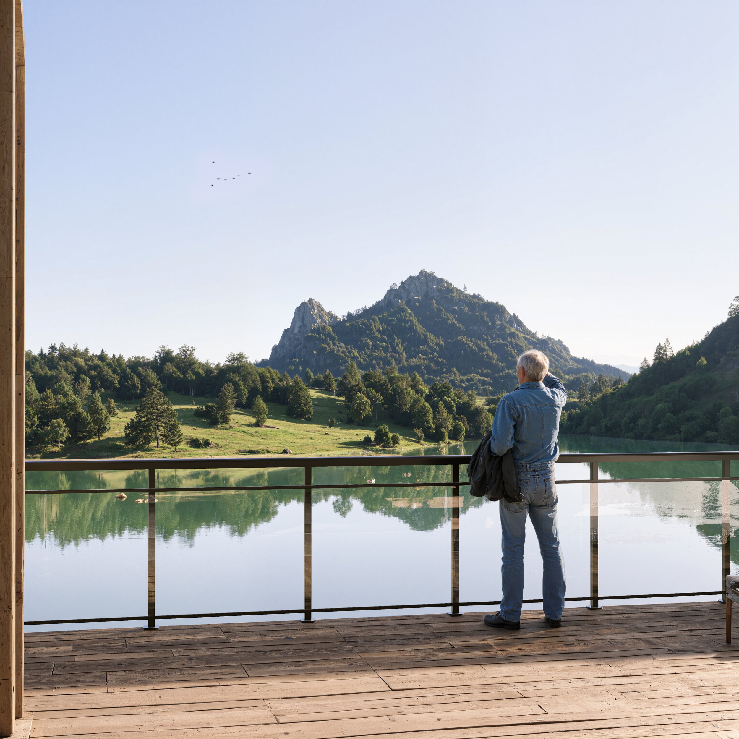 A man with gray hair, wearing a denim jacket and jeans, stands on a balcony overlooking a serene lake surrounded by green trees and mountains, with a clear blue sky and a flock of birds flying in the distance.