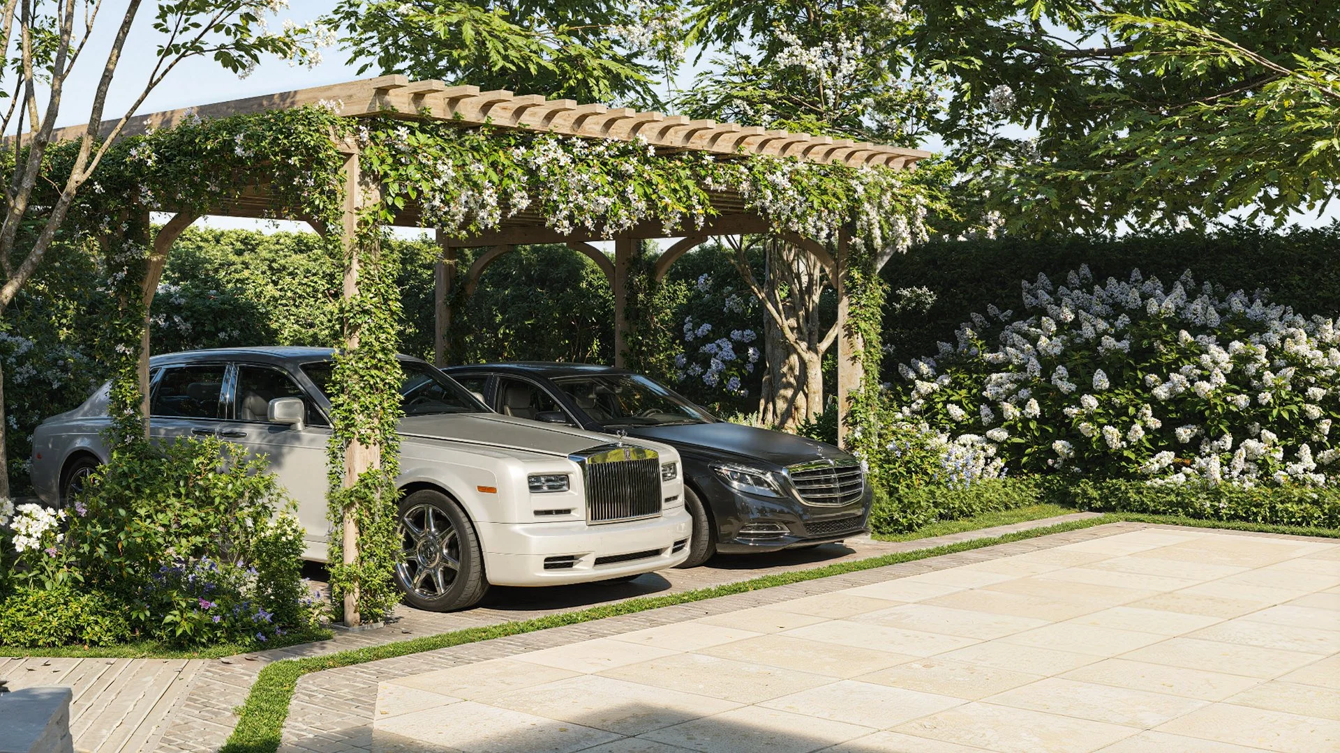 Car port draped in lush green planting with Hydrangeas. 