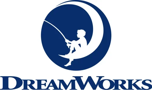 Silhouette of a child sitting on a crescent moon, fishing, with the word 'DreamWorks' below.