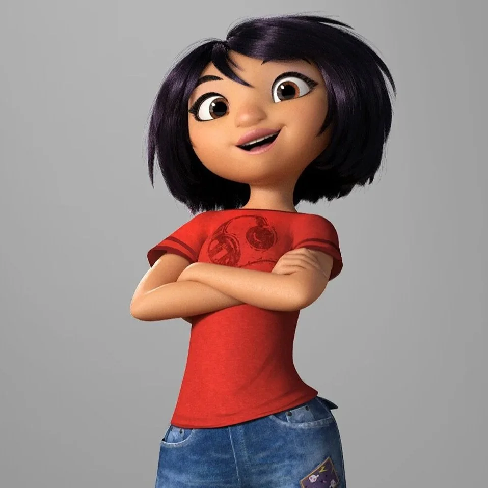 Animated girl with short black hair, wearing a red t-shirt and blue jeans, smiling and crossing arms.
