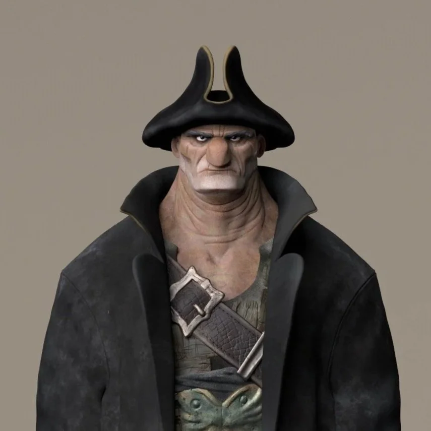 A digitally animated character resembling a pirate with a large nose, stern expression, wearing a black tricorn hat with golden accents and a dark coat.