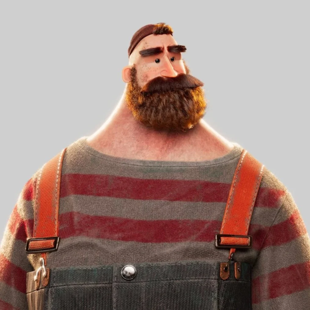 A cartoon character with a large beard, thick eyebrows, and a serious expression, wearing a striped shirt and overalls.