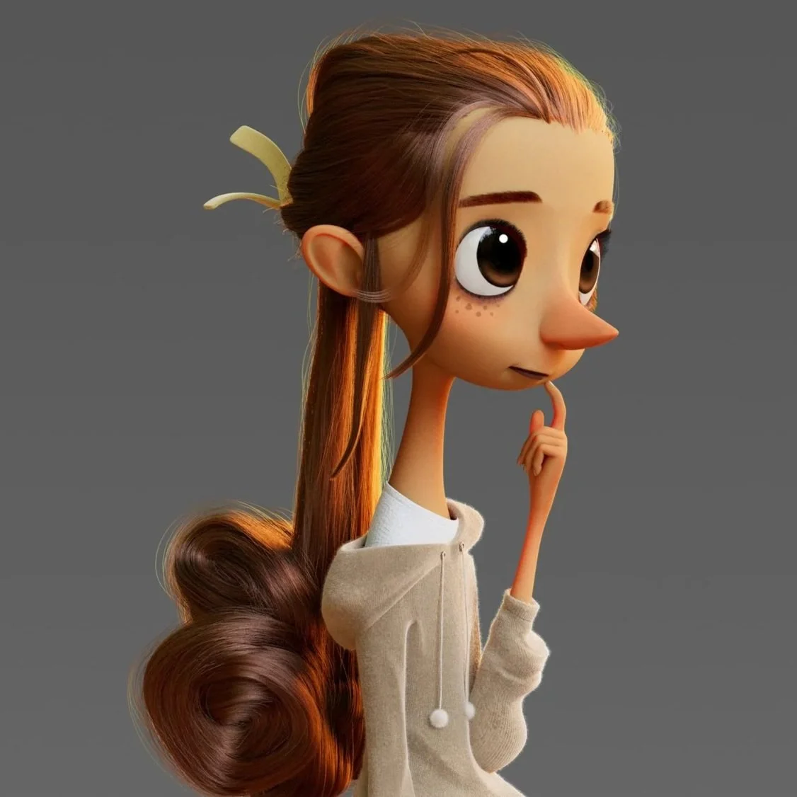 3D animated female character with large eyes, a long nose, freckles, and red hair styled in a loose ponytail with a bow, wearing a beige hoodie and white shirt, touching her finger to her chin against a gray background.