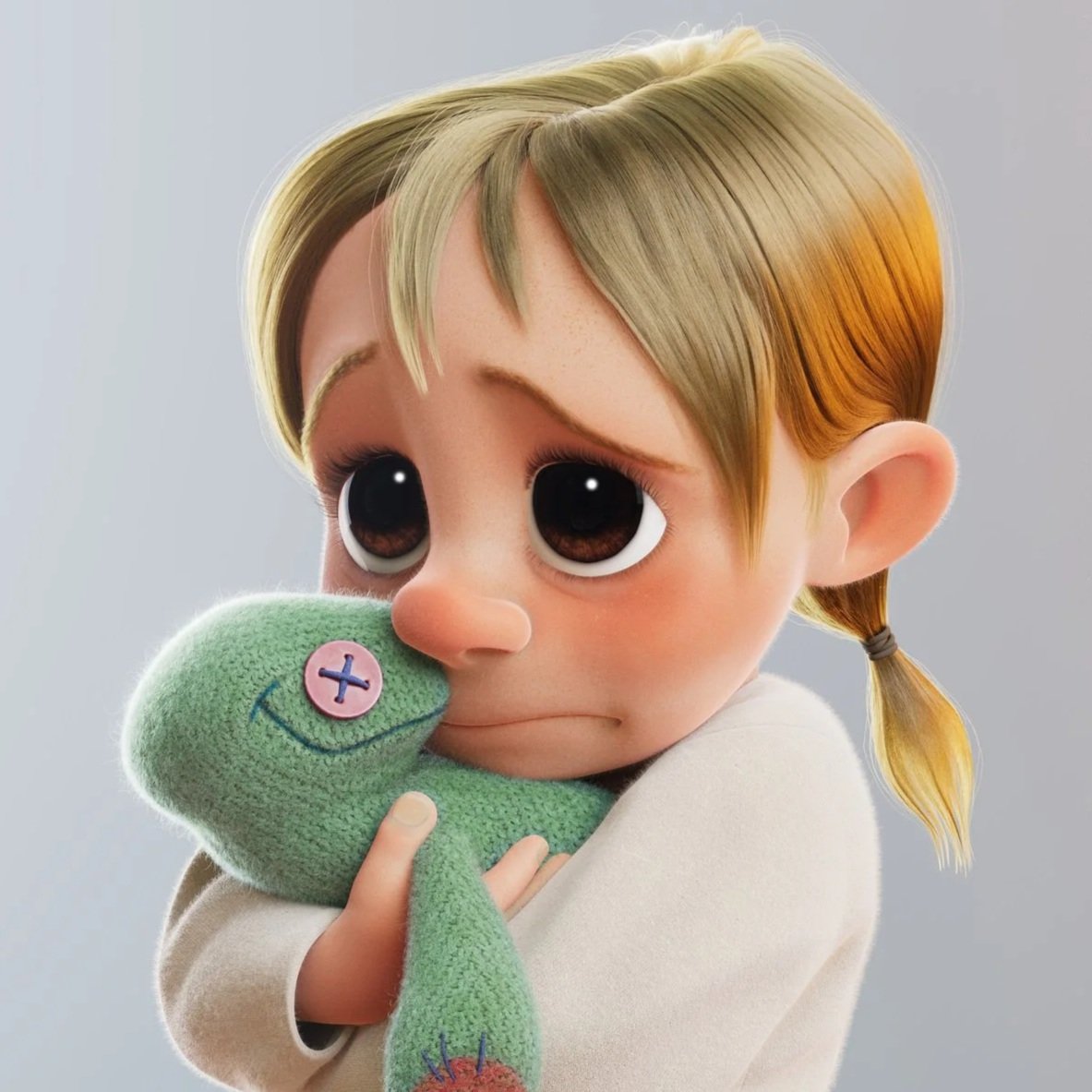 Animated young girl with big brown eyes and pigtails hugging a green plush doll.