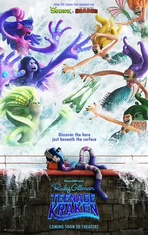 Characters from Disney's 'The Little Mermaid' and 'Shrek' in a promotional poster for the animated film 'Teenage Kraken' showing underwater sea creatures and a girl sitting on a dock.
