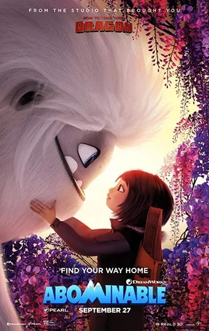 Animated scene from 'Abominable' movie showing a girl touching the nose of a large, white-yeti with purple flowers hanging overhead.