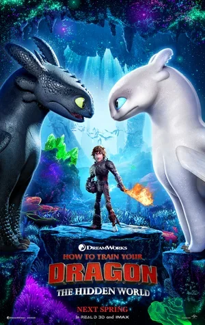 A scene from 'How to Train Your Dragon: The Hidden World' showing a young boy standing on a rocky terrain holding a torch, with two large dragons facing each other against a glowing, colorful fantasy landscape with caves and bright stars.