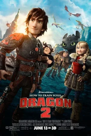 Poster of the animated movie "How to Train Your Dragon 2" featuring Hiccup and Astrid in Viking costumes with dragons flying in the sky, releasing on June 13 in 3D.