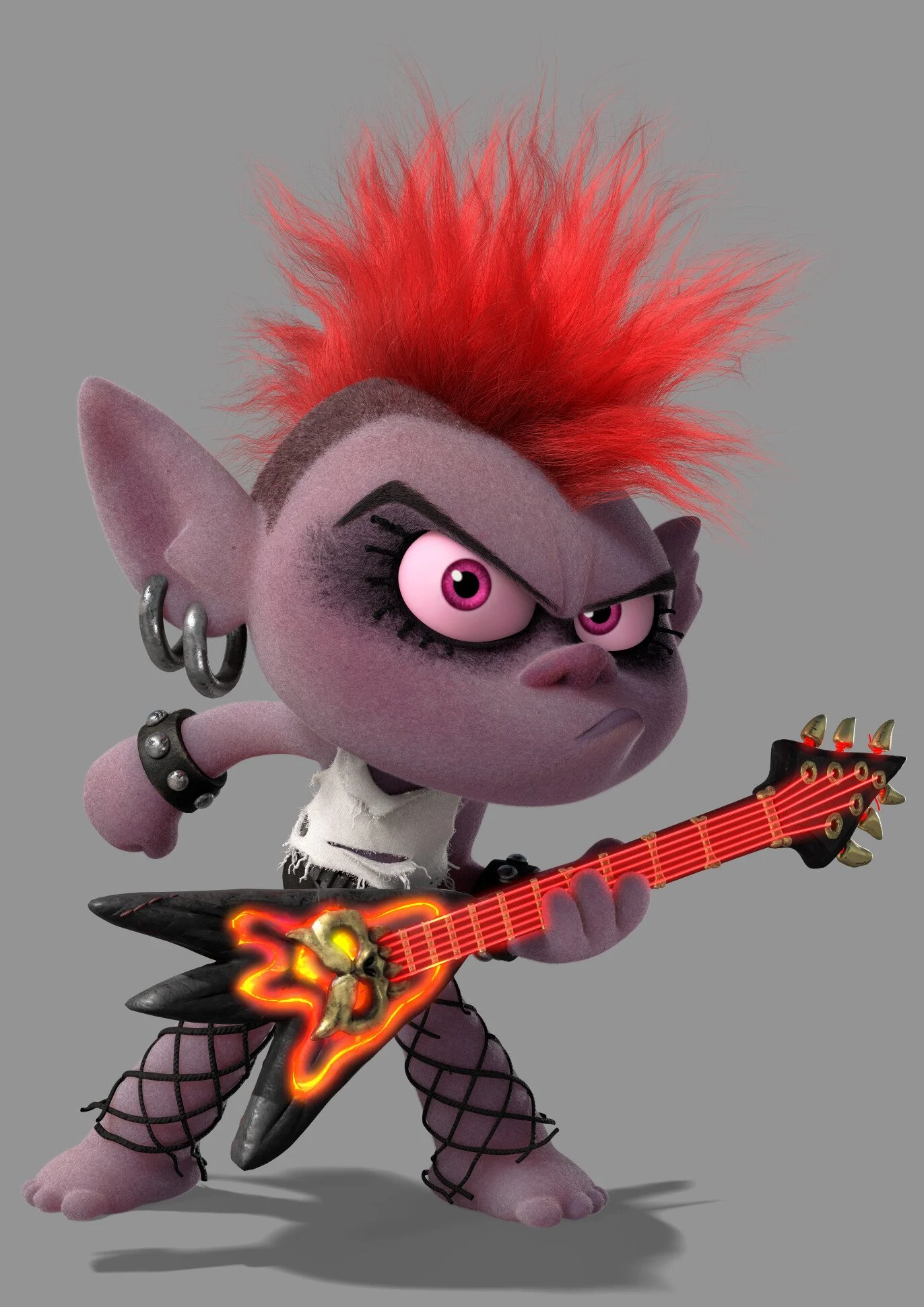 Animated cartoon character with purple skin, spiked red hair, pink eyes, and an angry expression, holding an electric guitar with glowing flames and a skull design, wearing black fishnet pants, spiked wristbands, and earrings.
