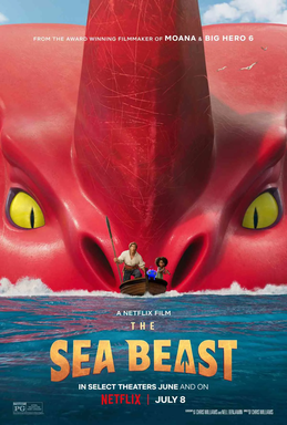 Promotional poster for the film 'The Sea Beast,' showing a large red sea creature emerging from the water with two children on a small boat in front of it.