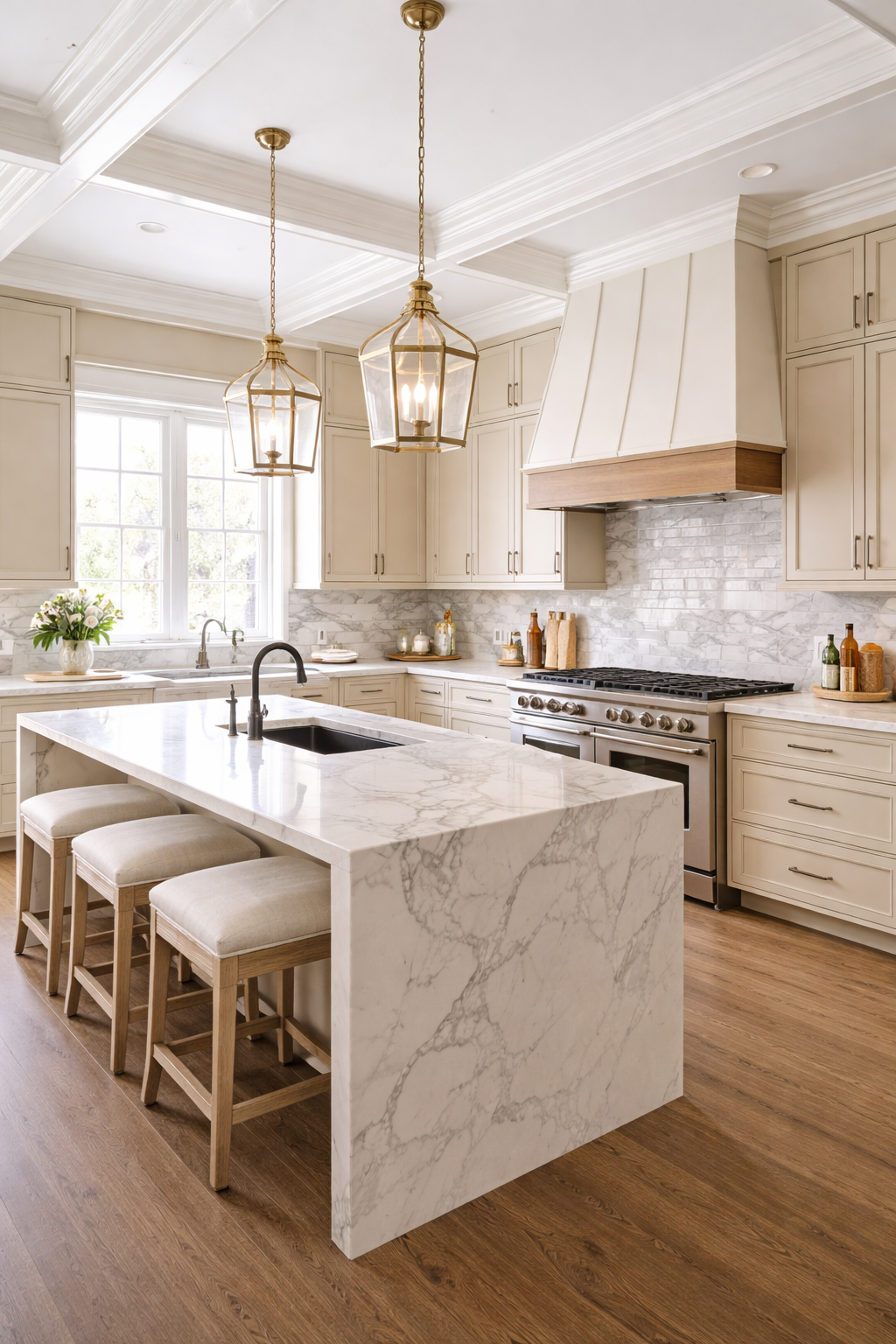 A modern, bright kitchen with white cabinetry, a marble island with seating, a marble backsplash, a stainless steel stove, and large windows with natural light.