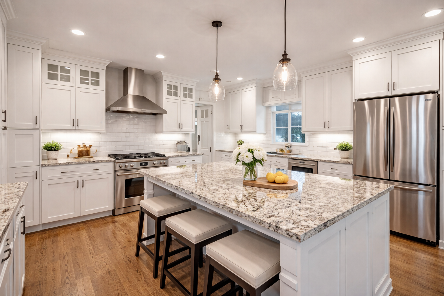 Bright kitchen with white cabinets, granite countertop island, stainless steel appliances, and wood flooring, decorated with green plants and a vase of white flowers.