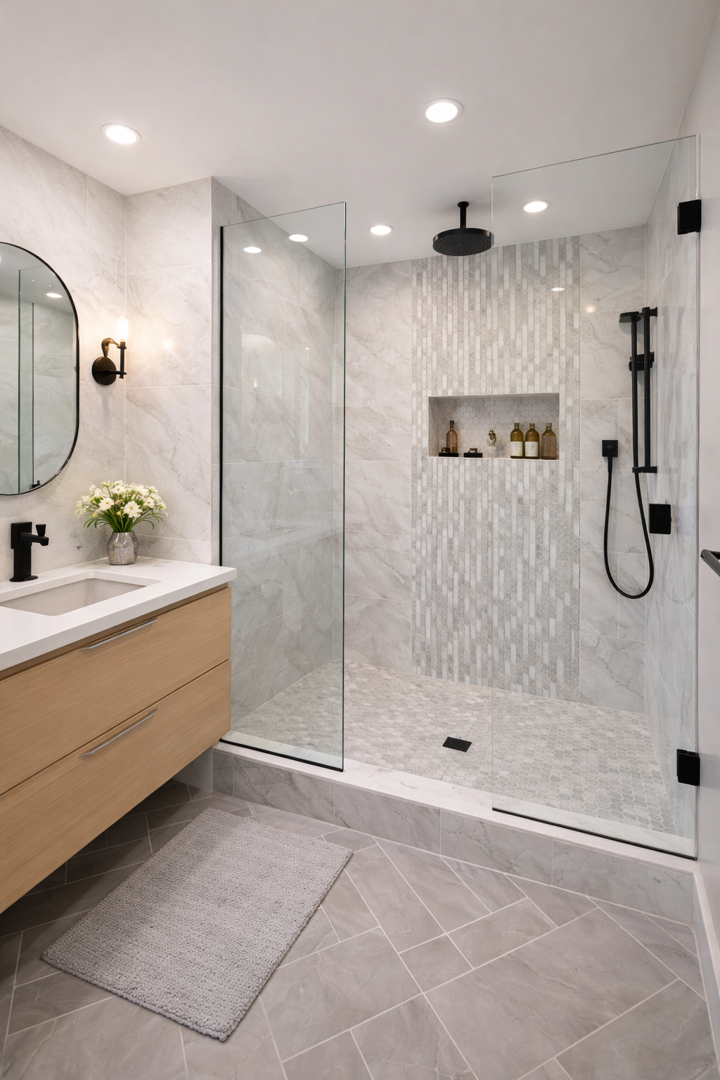 A modern bathroom featuring a glass-enclosed shower with a rain showerhead, a built-in niche with toiletries, a wooden vanity with a white countertop, a black faucet, a round mirror, a wall-mounted light fixture, and a vase with white flowers.