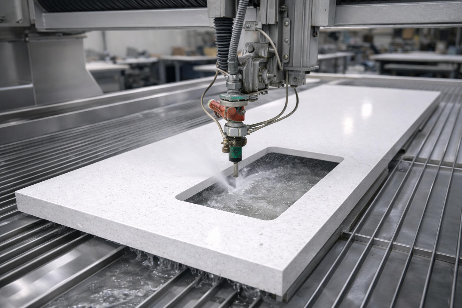 water jet machine cutting a quarts countertop