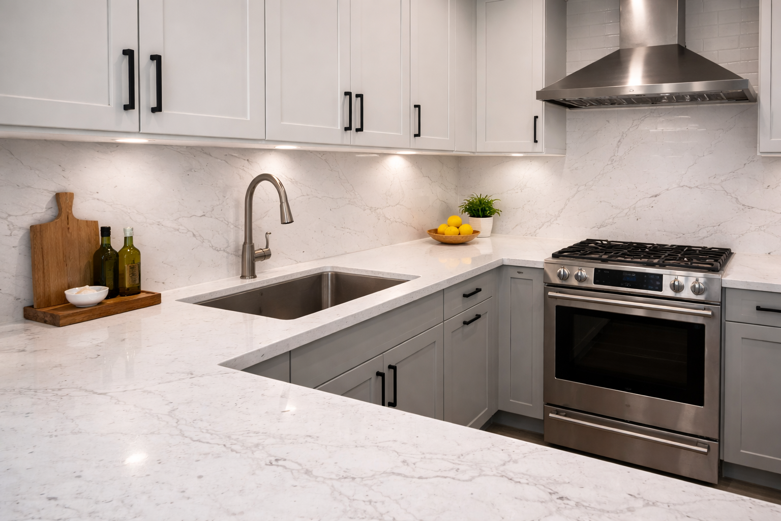 Modern kitchen with white marble countertops, grey cabinetry with black handles, stainless steel stove and range hood, small potted plant, bowl of lemons, and olive oil bottles.