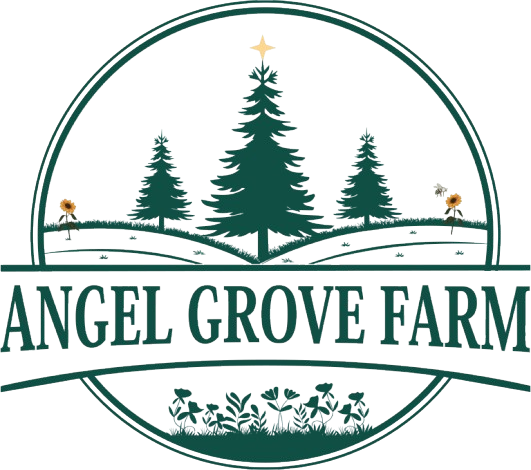 Logo for Angel Grove Farm featuring three pine trees with a star on top, surrounded by a circle and the farm name below, with a field and plants at the bottom.