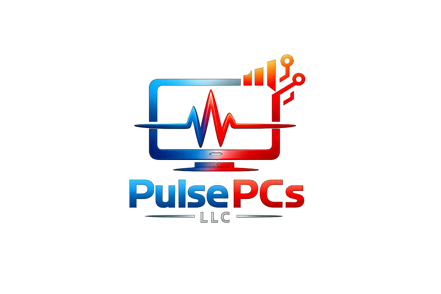 Neon sign logo for Pulse PCs LLC, featuring a computer monitor with a heartbeat line and circuit board elements in red and blue colors.