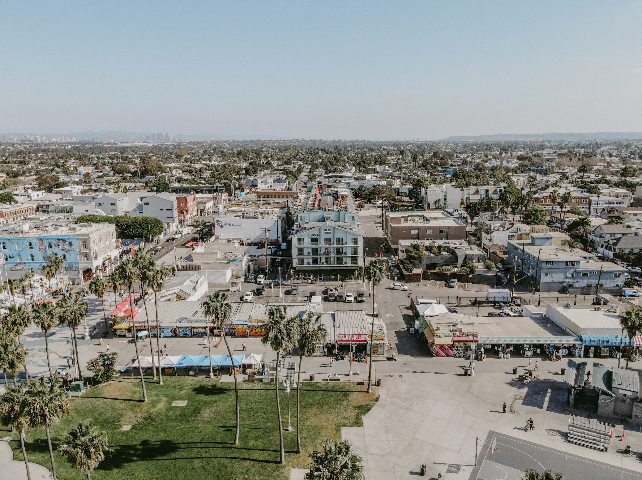 Aerial view of a cityscape featuring a park with palm trees in the foreground, surrounding streets with shops and buildings, and a distant horizon with high-rise buildings under a clear sky.