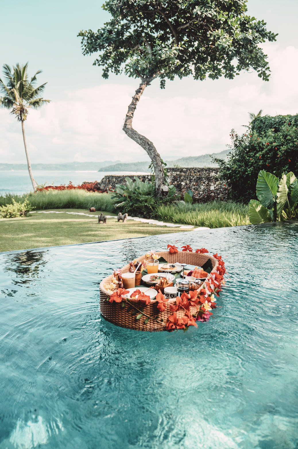 Floating wicker picnic basket with tropical flowers on a swimming pool with lush greenery and trees in the background.
